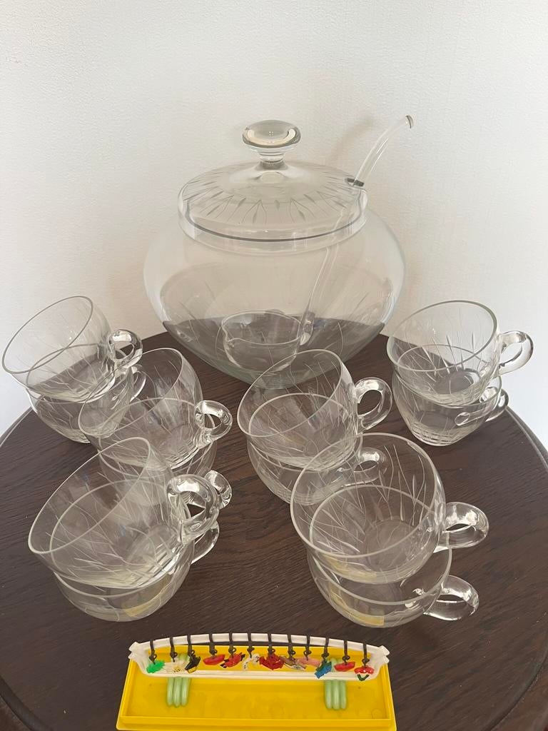 Vintage glazen punchset / bowlset – (helaas) nog 6 glazen, Ophalen