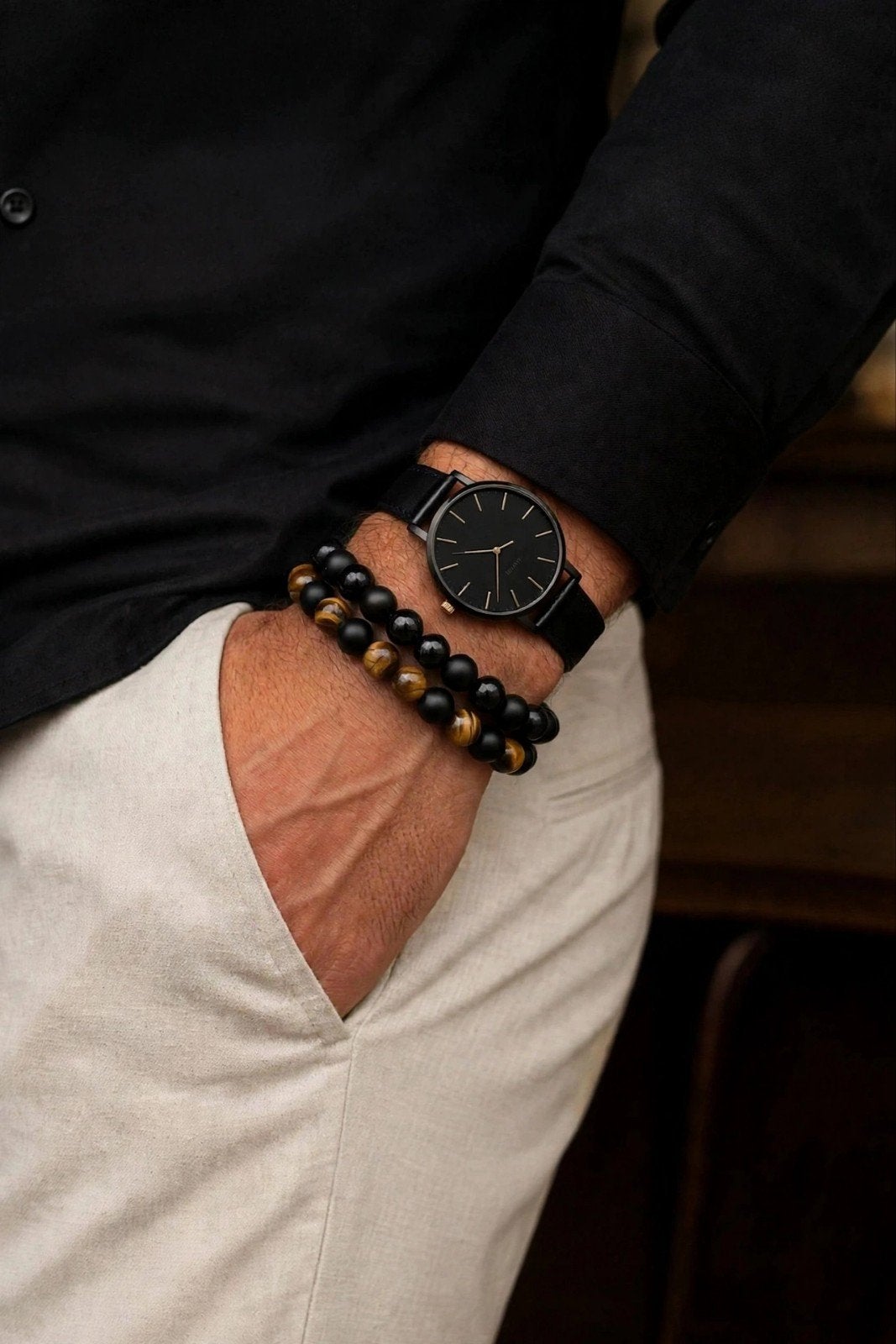 Heren Armbanden - Luxe set van echt natuursteen -, Overige materialen, Met bedels of kralen, Zwart, Nieuw