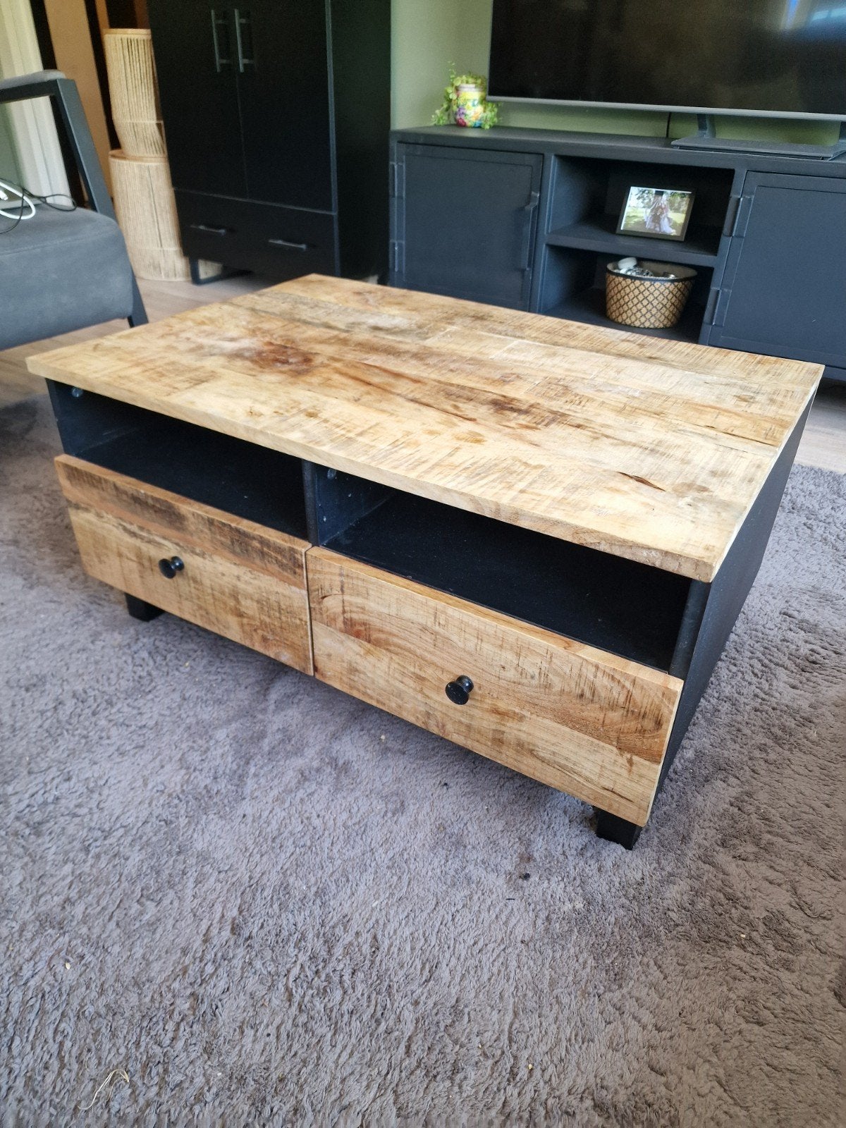 Salontafel met lades van mangohout/ wandkastje, Ophalen, Gebruikt, 100 tot 150 cm, Industrieel, Landelijk