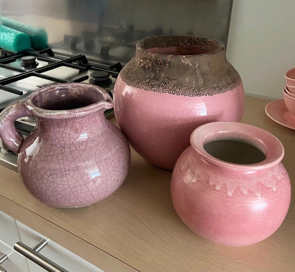 Setje roze potten & kruik, Ophalen, Zo goed als nieuw, Aardewerk, Binnen