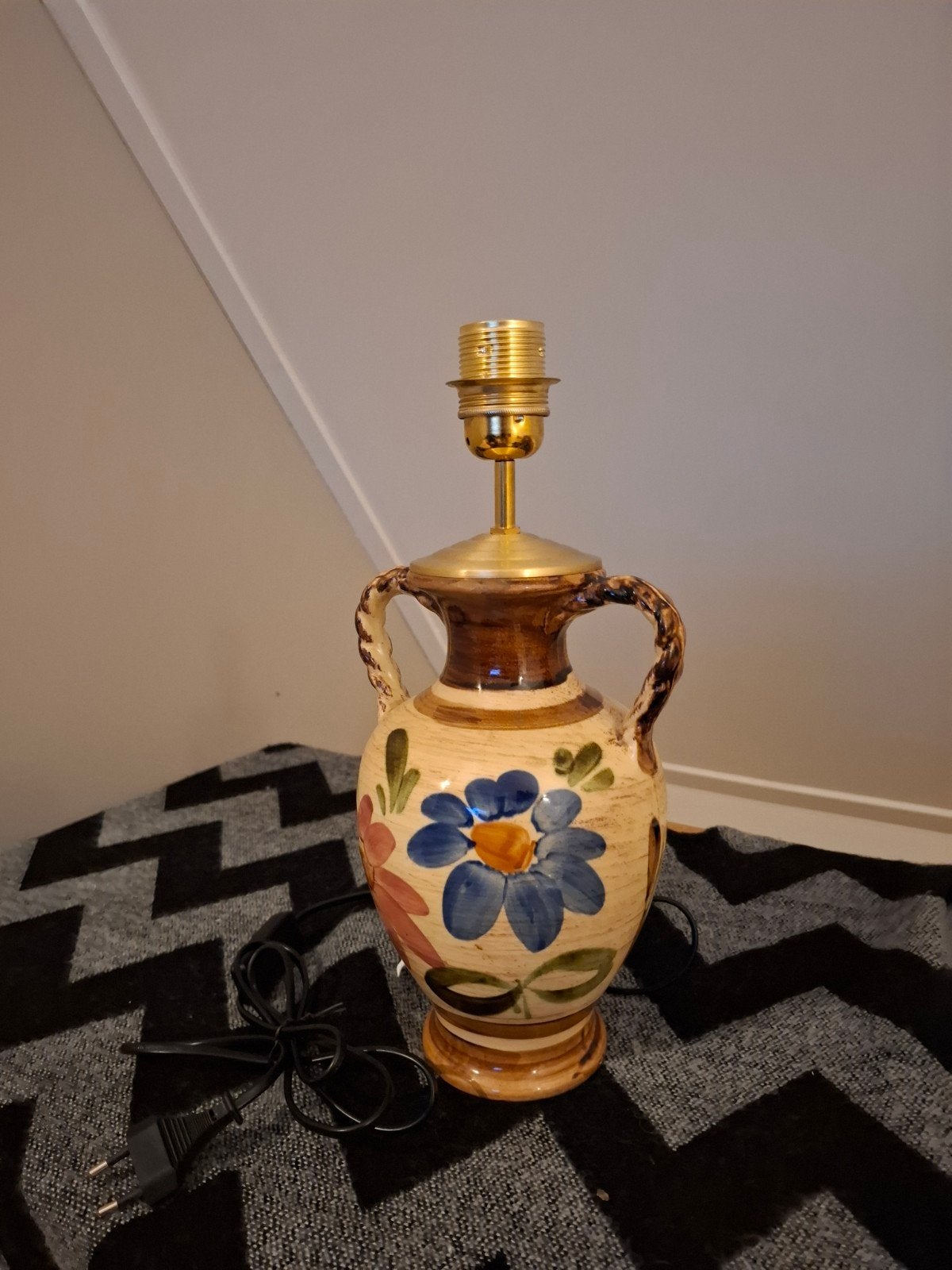 Vintage lampenvoet met bloemmotief, Gebruikt, Meerkleurig, E27 (groot), Ophalen of Verzenden