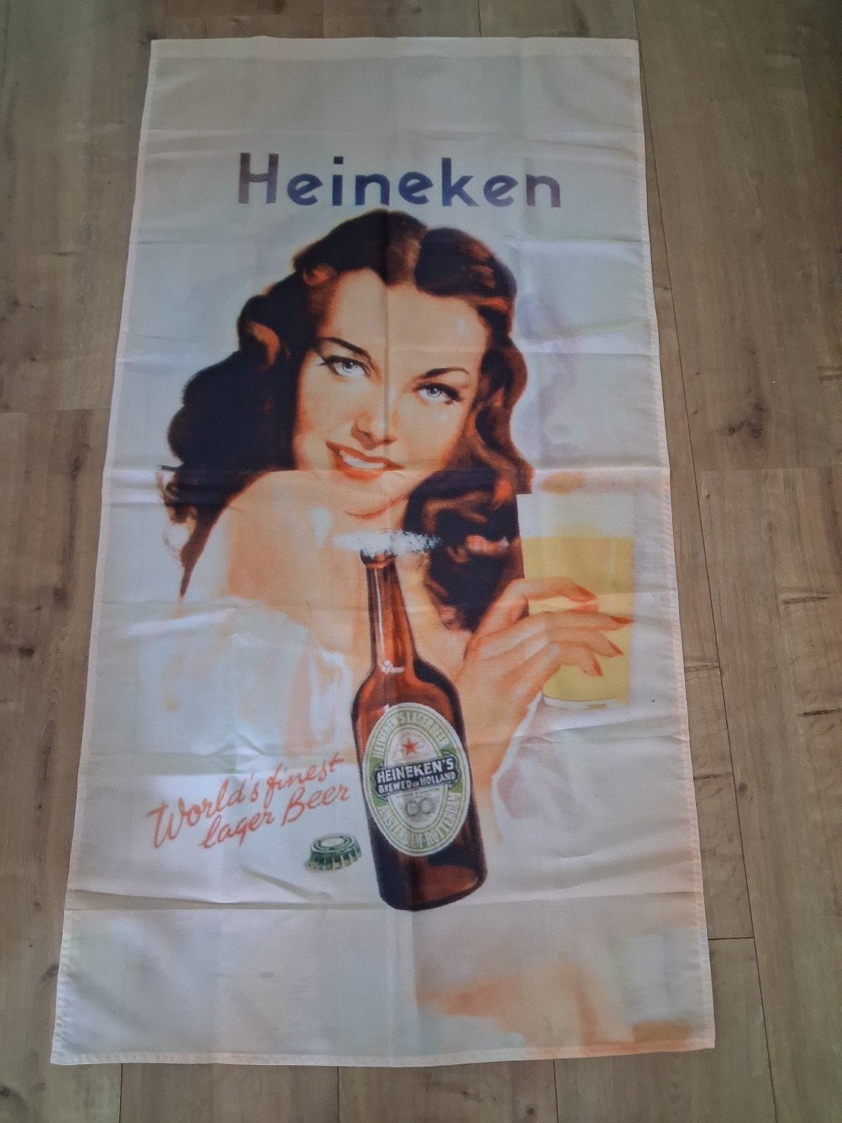 Vintage Heineken Bier Reclame Vlag - Pin-up Benner, Ophalen of Verzenden, Zo goed als nieuw, Overige typen