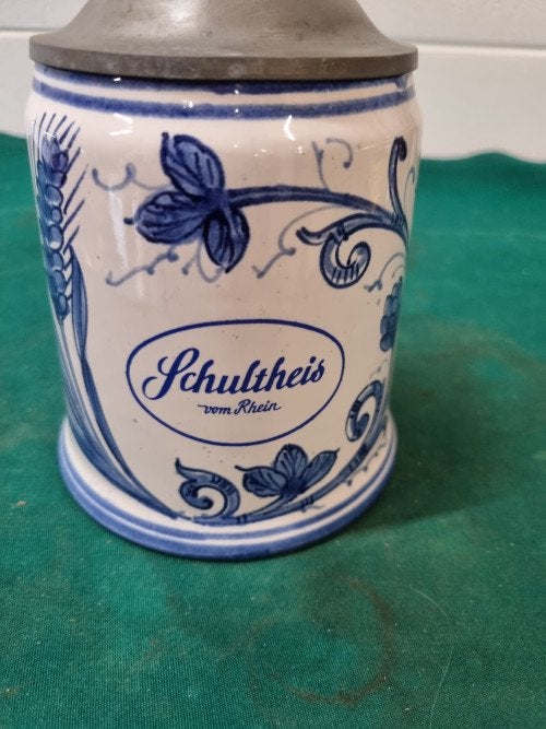 bierpul schultheis met tinnen deksel vintage, Verzamelen, Ophalen of Verzenden, 'T Olde Gre-j, Info@toldegrej.nl, Endepoelstraat 20f Didam