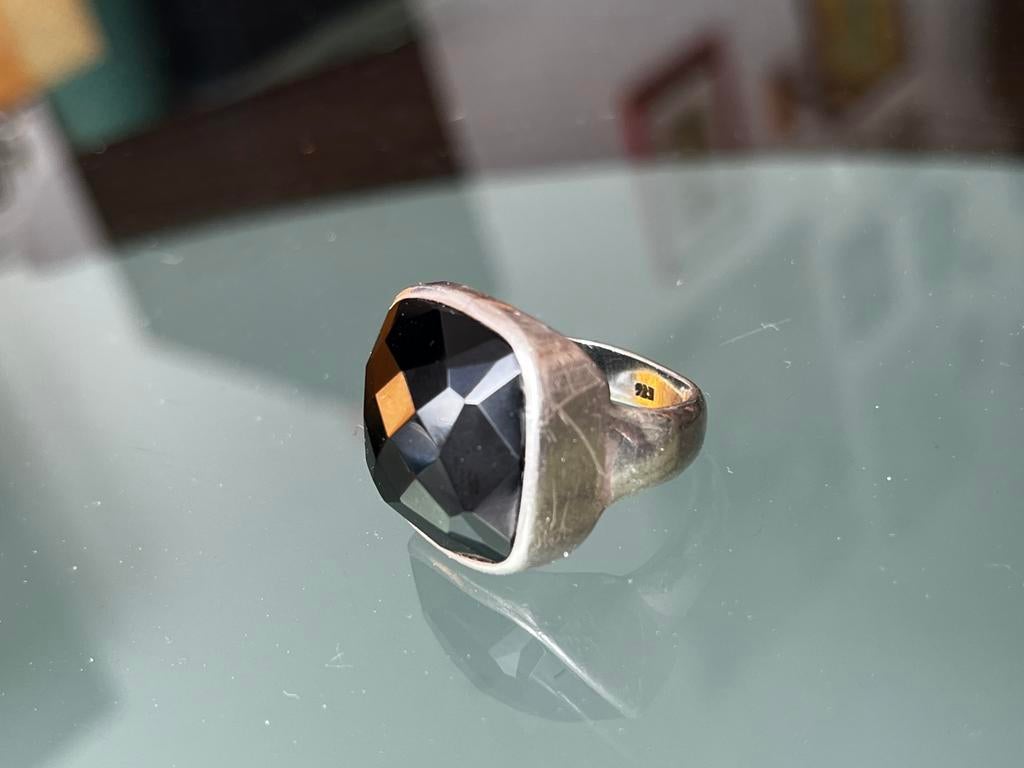 Zilveren Ring met Onyx 21mm, Gebruikt, 20 of groter, Ophalen of Verzenden, Dame