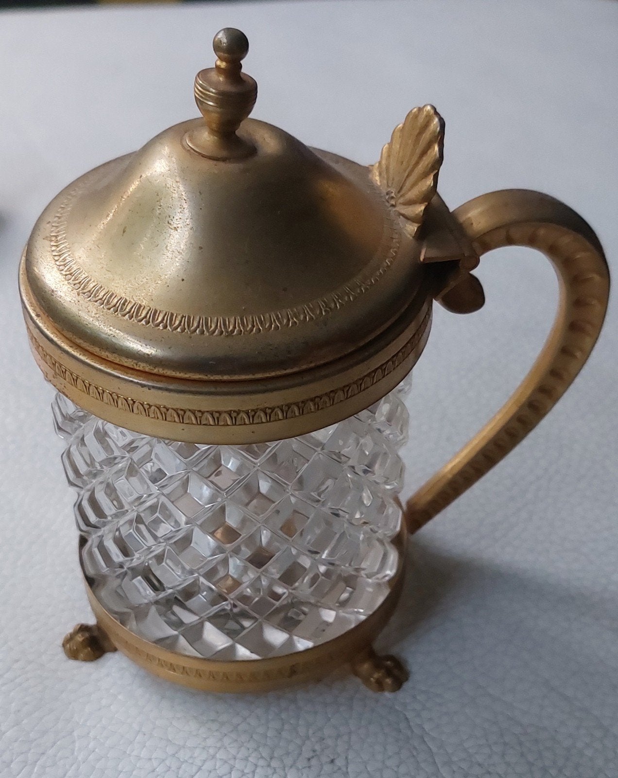 Antieke kristallen en bronzen pot met deksel, Antiek en Kunst, Antiek | Glas en Kristal, Ophalen of Verzenden