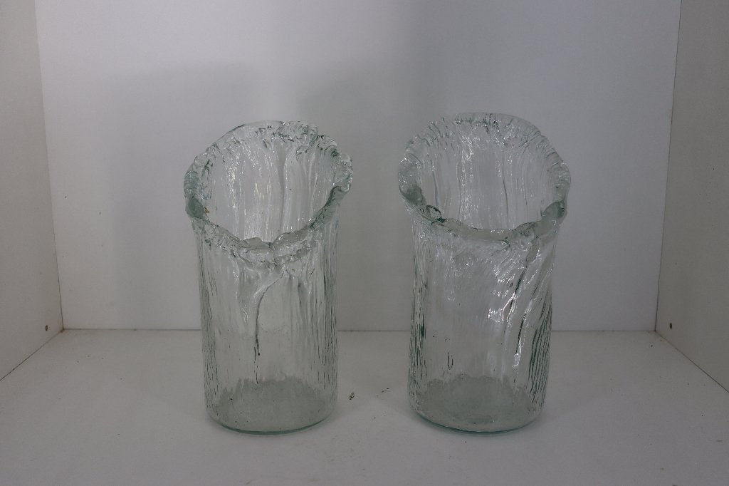 Prachtige Set Vintage Boomschors Vazen | Ijsglas Mid-Century, Ophalen of Verzenden, Transparant, 30 cm, Glas