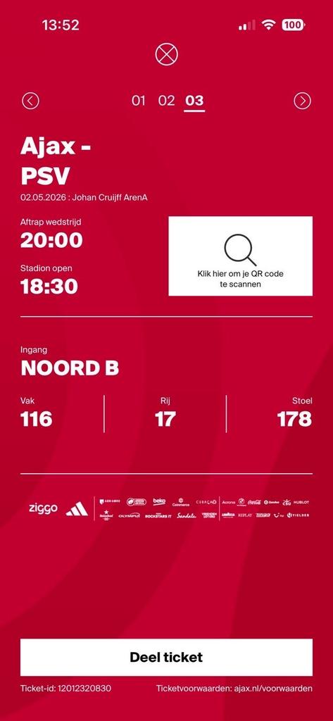 Ajax - PSV Noord B Rij 17, Eén persoon, Februari