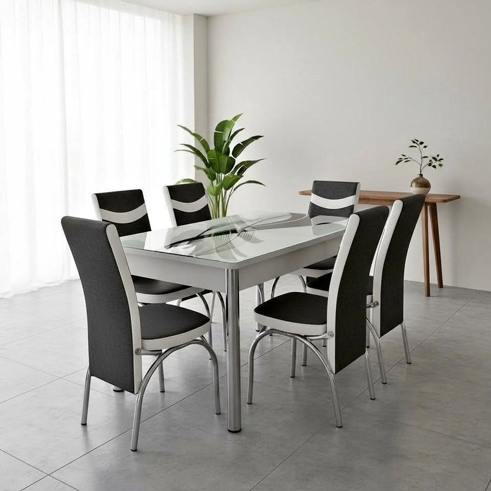 Moderne Turkse eettafel met 6 stoelen, Overige houtsoorten, 100 tot 150 cm, Verzenden, Zo goed als nieuw