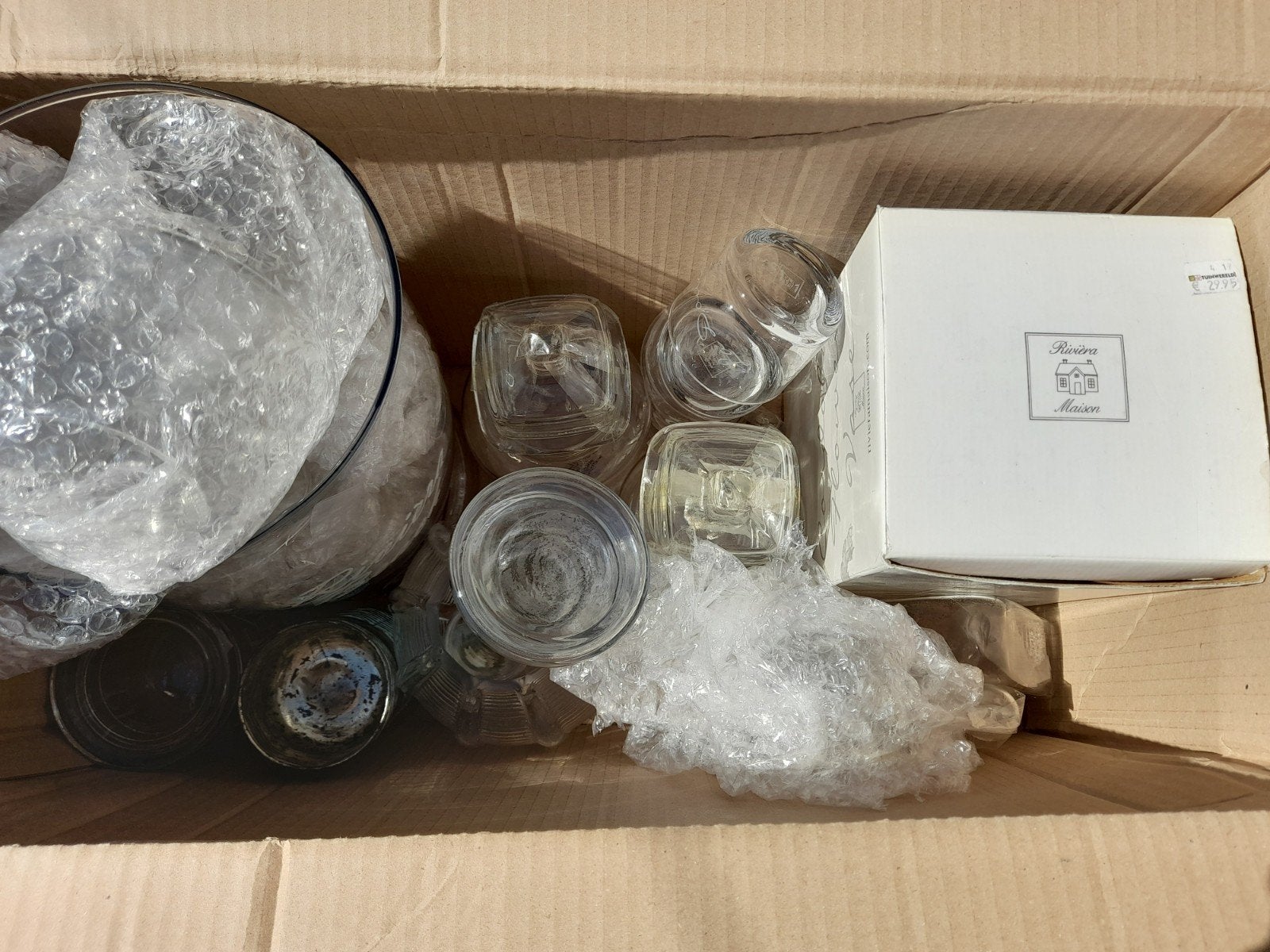 Doos vol met riviera maison spullen glaswerk woonaccessoires, Ophalen
