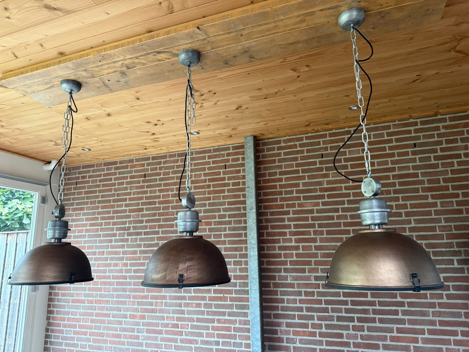 Set van 3 industriële hanglampen, bronskleurig, Ophalen of Verzenden, Gebruikt, Metaal, E27 (groot)