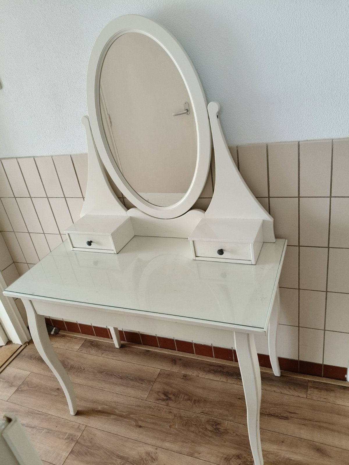 Witte kaptafel met spiegel en lades, Gebruikt, 100 tot 150 cm, Klassiek, Romantisch, Hout