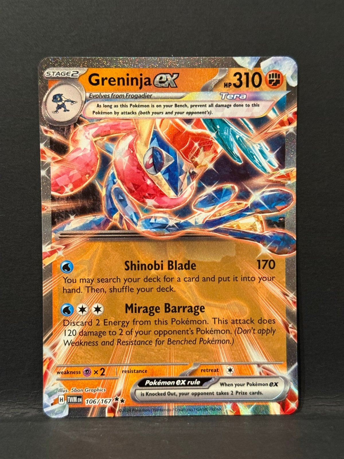 Greninja ex Tera Pokémon kaart 106/167 TWM EN, Ophalen of Verzenden, Zo goed als nieuw, Losse kaart