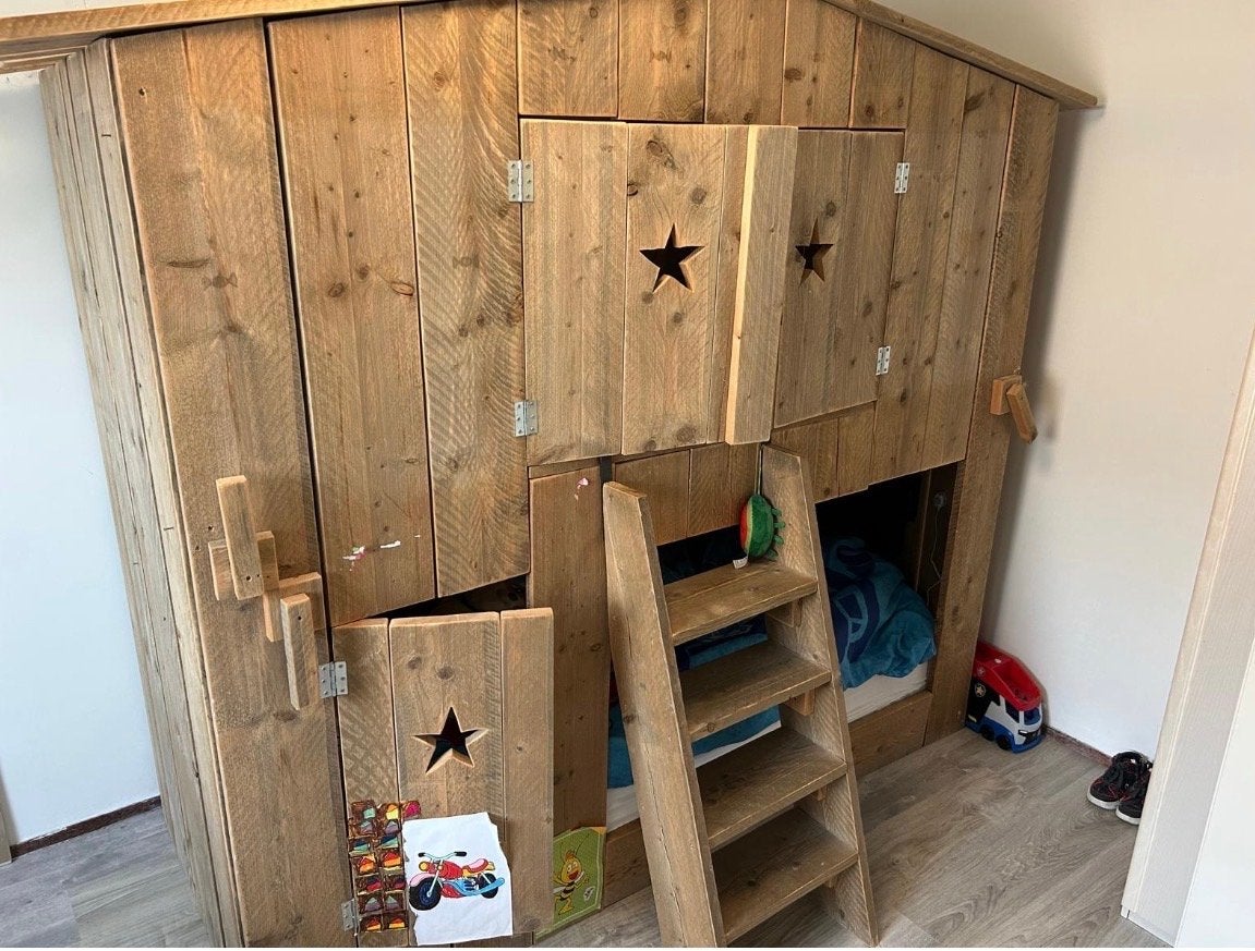 Unieke steigerhouten hoogslaper/stapelbed/boomhut, Ophalen, 90 cm, Tweepersoons, Zo goed als nieuw