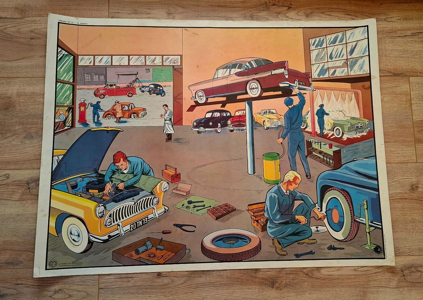 Vintage schoolplaat: Wegenbouw en garage (dubbelzijdig), Ophalen, Huis en Tuin