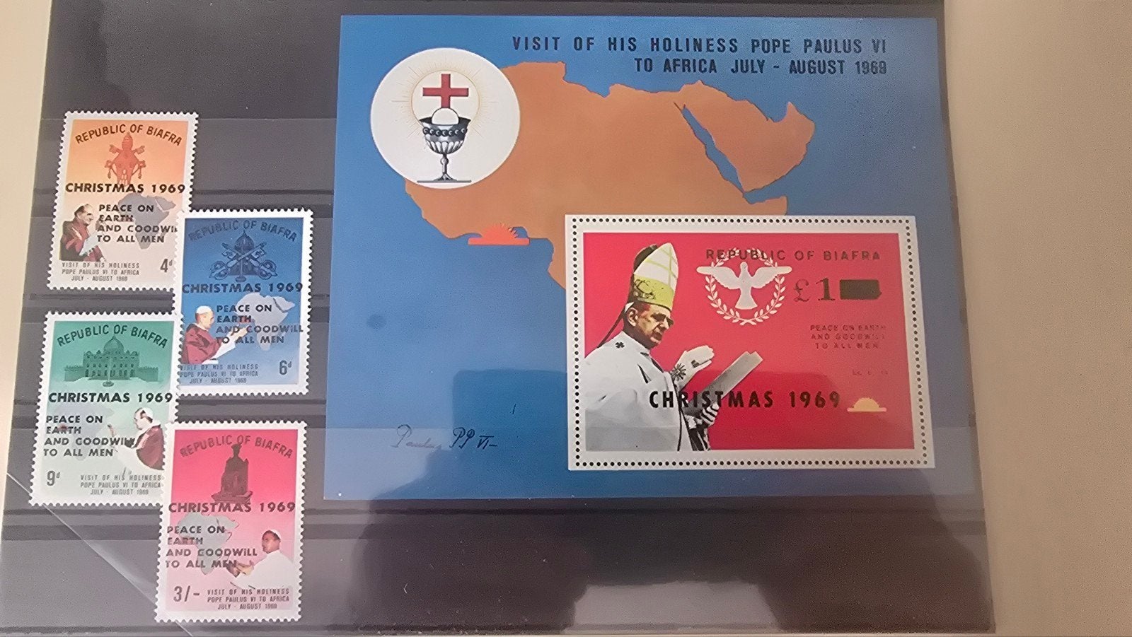 Biafra Kerstmis 1969 Postzegels Paus Paulus VI Bezoek, Ophalen of Verzenden, Gestempeld, Overige thema's
