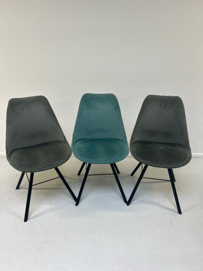 elvet eetkamerstoelen, groen/grijs en petrol – 3 stuks, Huis en Inrichting, Ophalen, Gebruikt, Overige kleuren, Drie