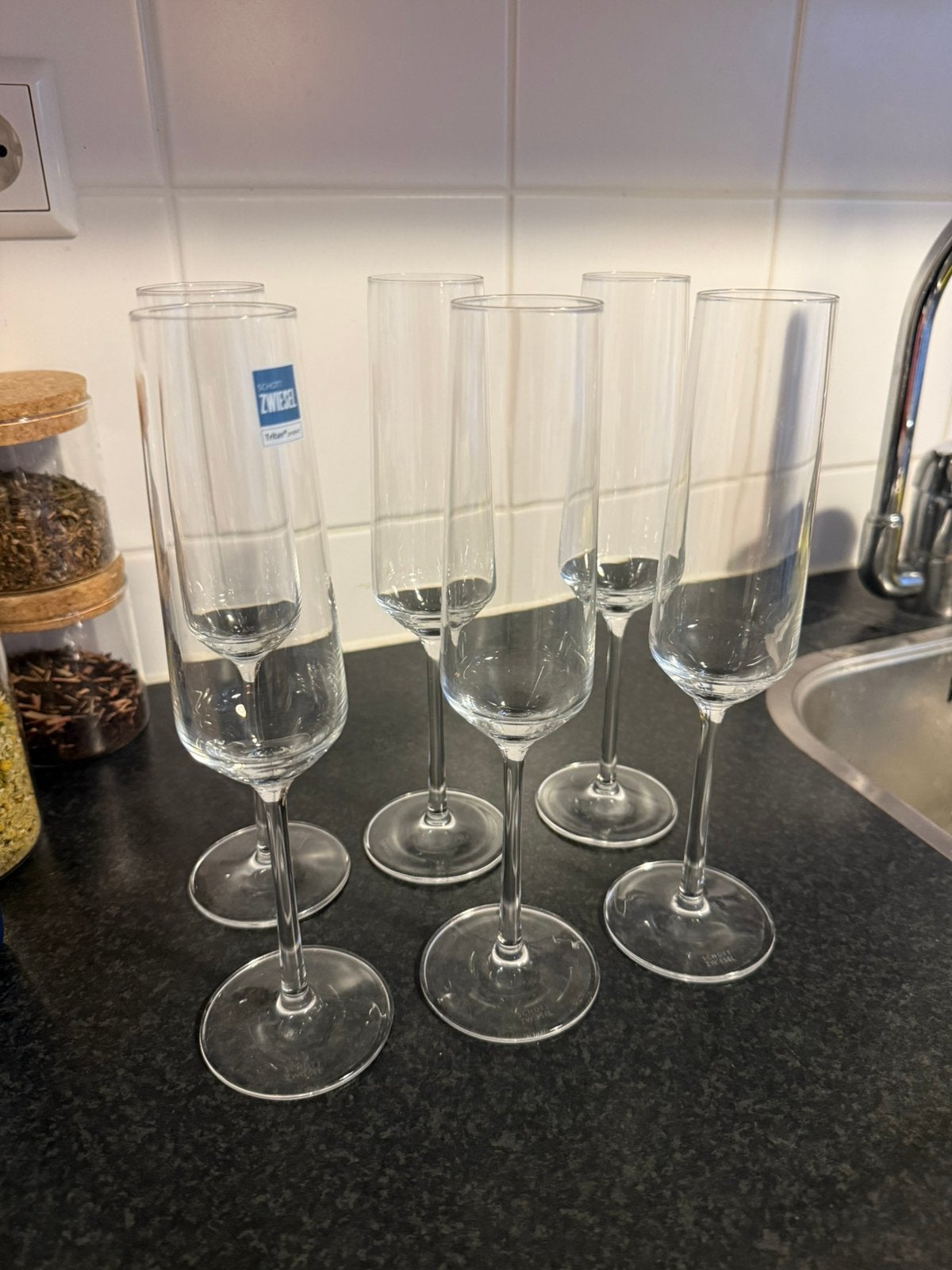 6 kristallen champagne glazen van Schott Zwiesel, Ophalen, Zo goed als nieuw, Overige typen