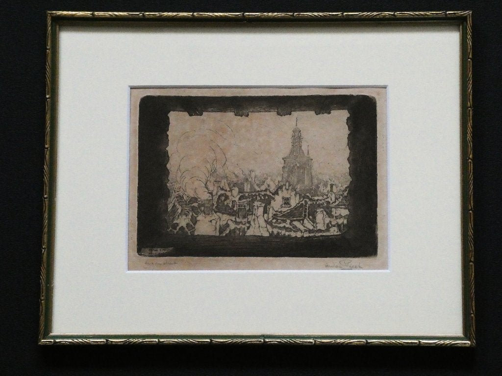 Anton Pieck ets Zaltbommel Daken van Bommel ca. 1917, Antiek en Kunst, Kunst | Etsen en Gravures, 26 cm, Ingelijst, 33 cm, Ets