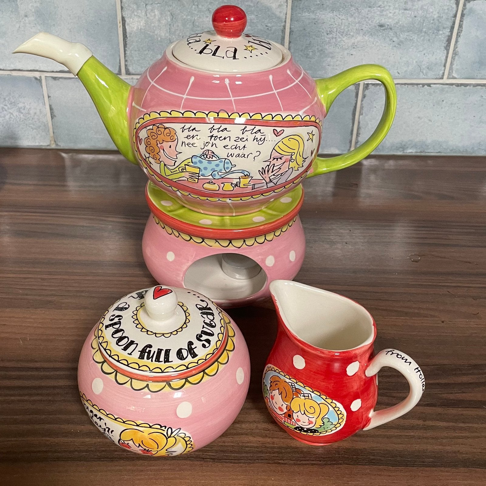 Blond Amsterdam theepot met theelicht, suikerpot en melkkan, Keramiek, Ophalen of Verzenden, Zo goed als nieuw, Theepot