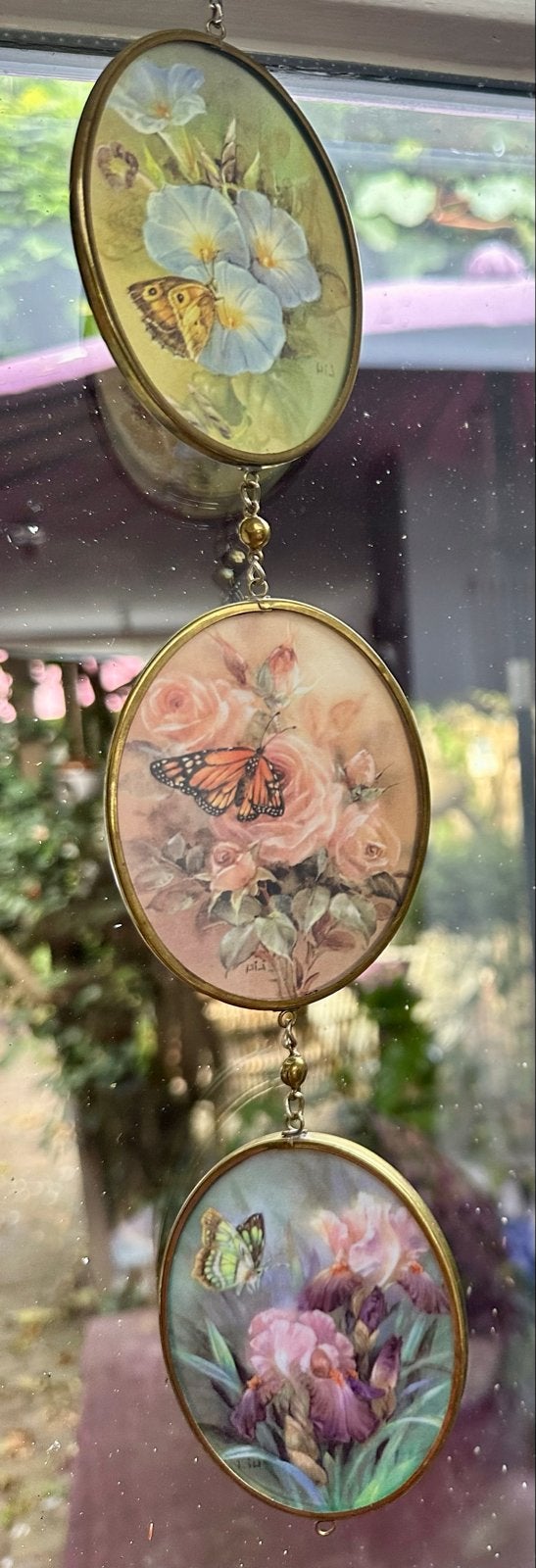 Vintage messing glazen raamhanger met vlinders en bloemen, Vintage, Gebruikt, Meerkleurig, Ophalen of Verzenden