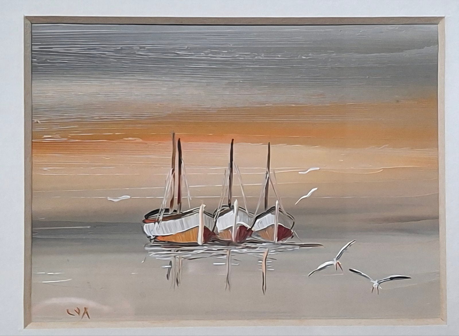 Schilderijtje zeilbootjes zonsondergang olieverf 16x19cm, Ophalen of Verzenden