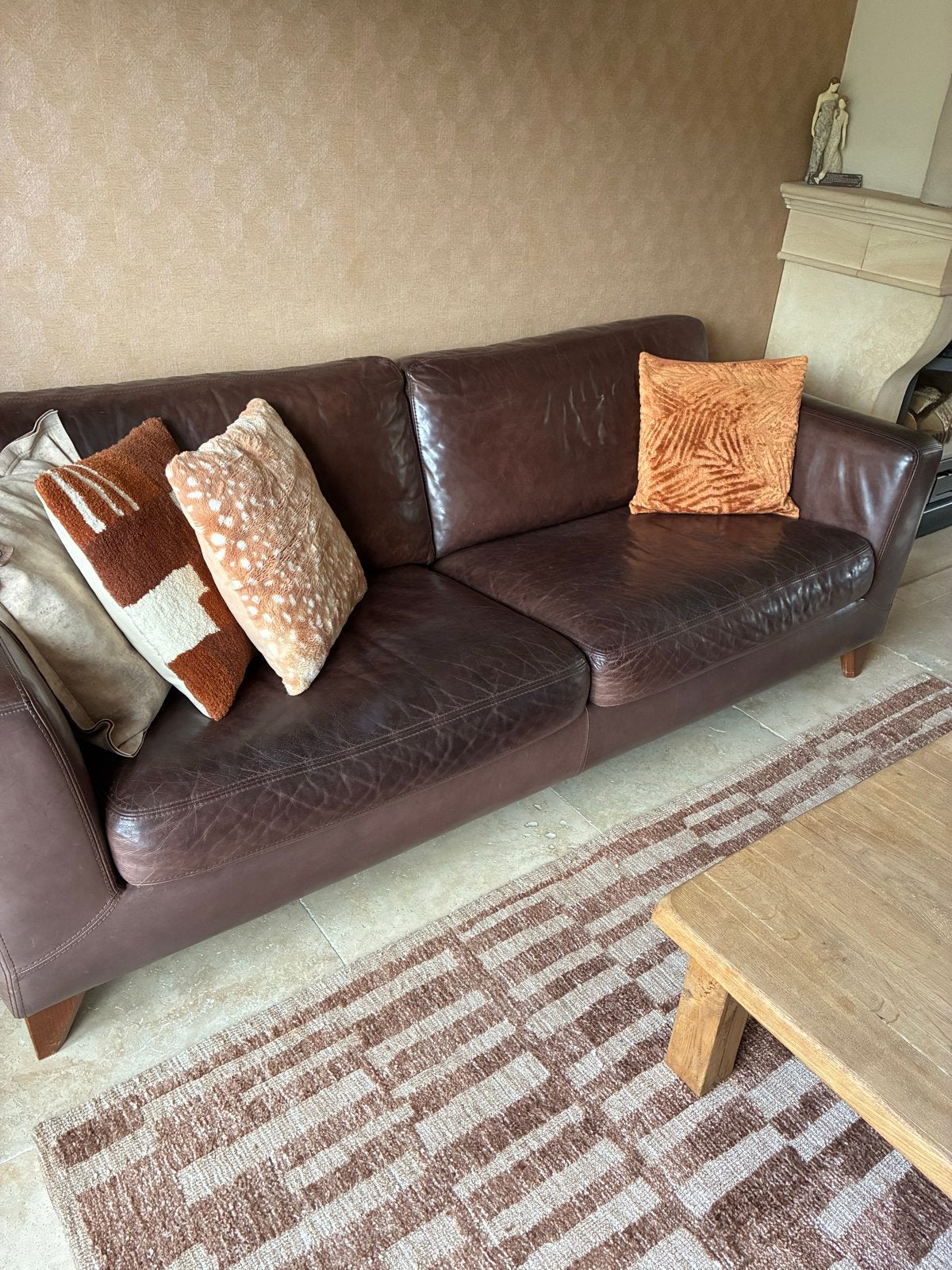 Comfortabele bruine leren bank - 3-zits, Ophalen, Gebruikt, Driepersoons, Rechte bank