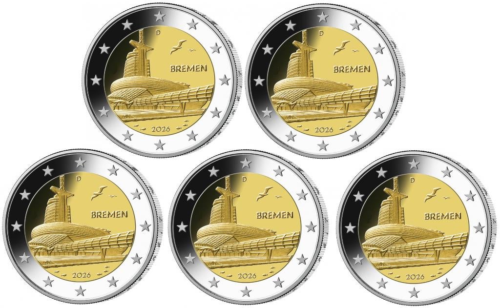 5 X 2 EURO DUITSLAND 2026 BREMEN BIJ JOHN, Verzenden, Duitsland, 10 euro