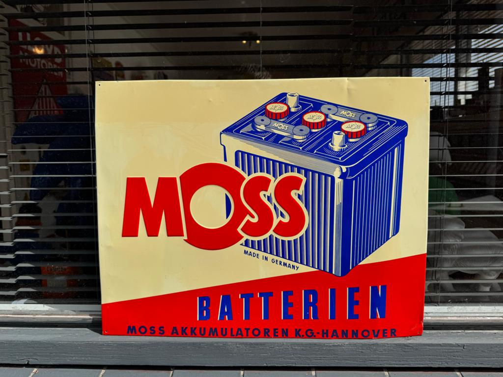 Vintage Moss Batterijen Reclamebord - Made in German, Ophalen, Reclamebord, Gebruikt, .