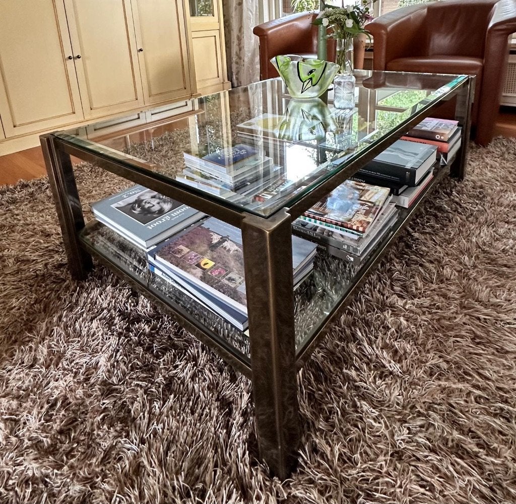Glazen salontafel met bronzen frame, Huis en Inrichting, Tafels | Salontafels, Ophalen, Gebruikt, 100 tot 150 cm, 50 tot 100 cm