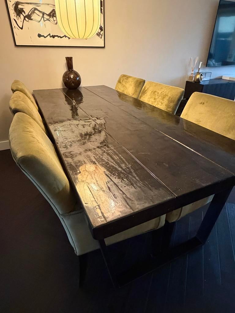 Eettafel 240x100cm met epoxy en 6 velvet stoelen, Ophalen, Overige materialen, Gebruikt, 100 tot 150 cm