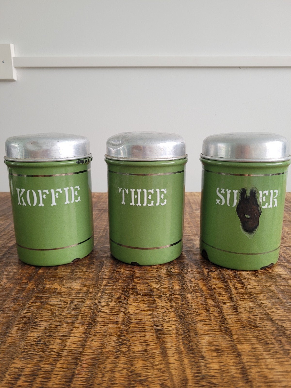 Vintage voorraadblikken: Koffie, Thee, Suiker (groen), Ophalen