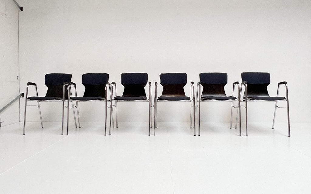 Set van 6 gestoffeerde Eromes Pagholz stoelen, 1970's, Gebruikt, Blauw, Design, Ophalen of Verzenden