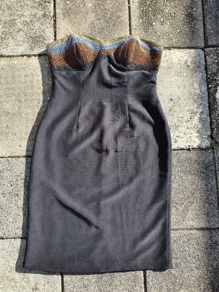Vintage jaren 80 strapless kralenjurk maat L, Maat 38/40 (M), Zwart, Ophalen of Verzenden, Zo goed als nieuw