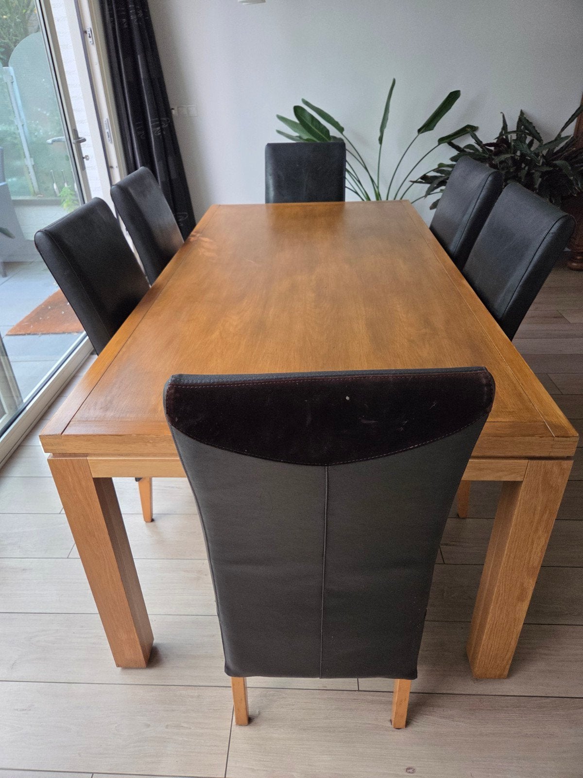 Eettafel 200x100 met 6 leren stoelen, Gebruikt, 200 cm of meer, Overige houtsoorten, Vijf personen of meer