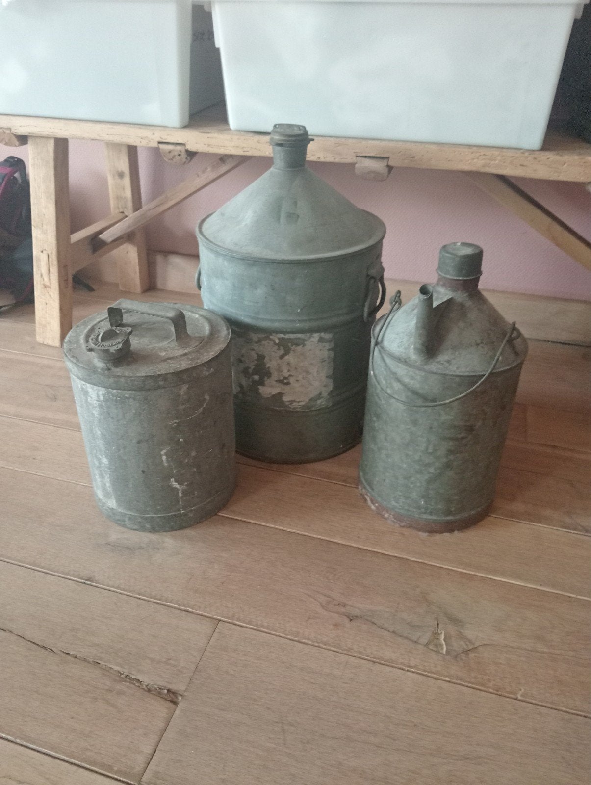Set van 3 vintage metalen kannen/bussen, Antiek en Kunst, Ophalen