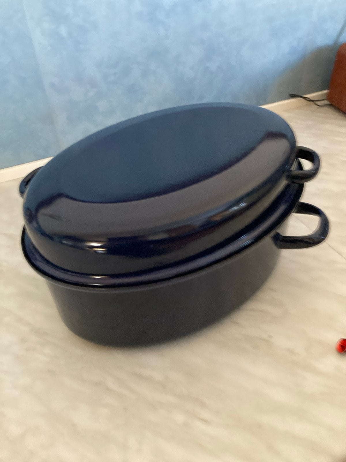 Donkerblauwe geëmailleerde braadslede met deksel, Gebruikt, Braadpan, Met deksel, Ophalen of Verzenden