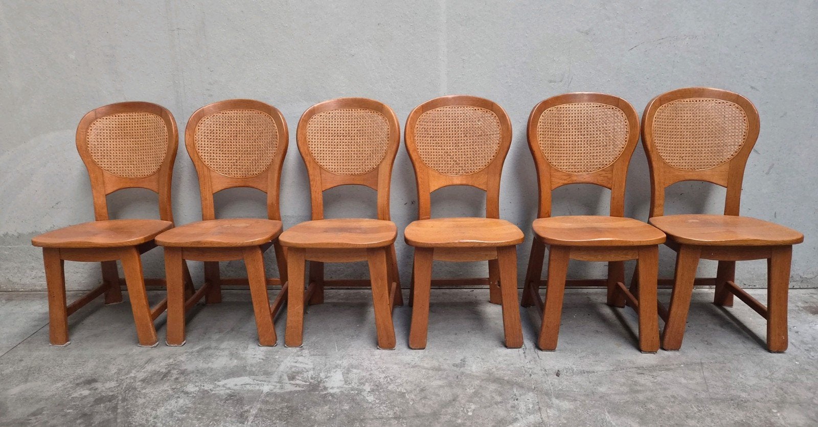 Set van 6 vintage fraaie webbing eiken eetkamerstoelen, Ophalen