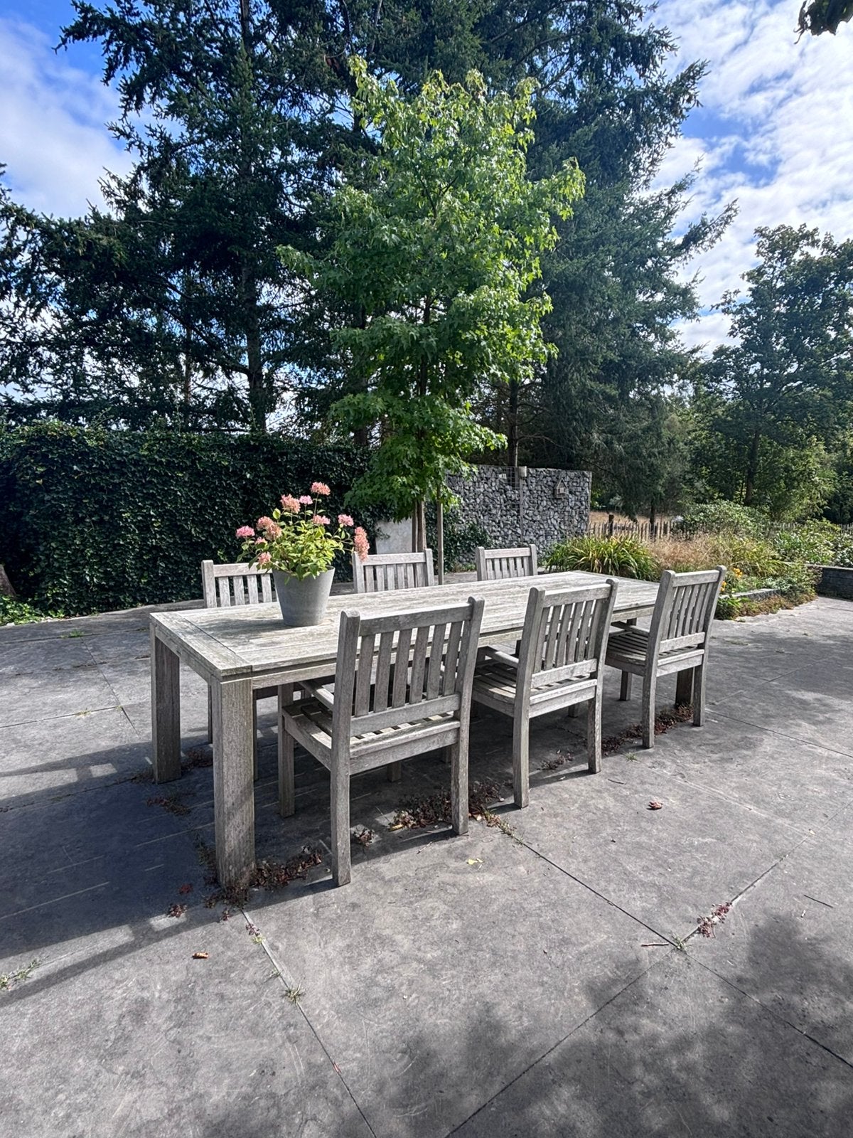 Tuintafel met 6 stoelen, inclusief zwarte kussens, Ophalen, Gebruikt, Teakhout