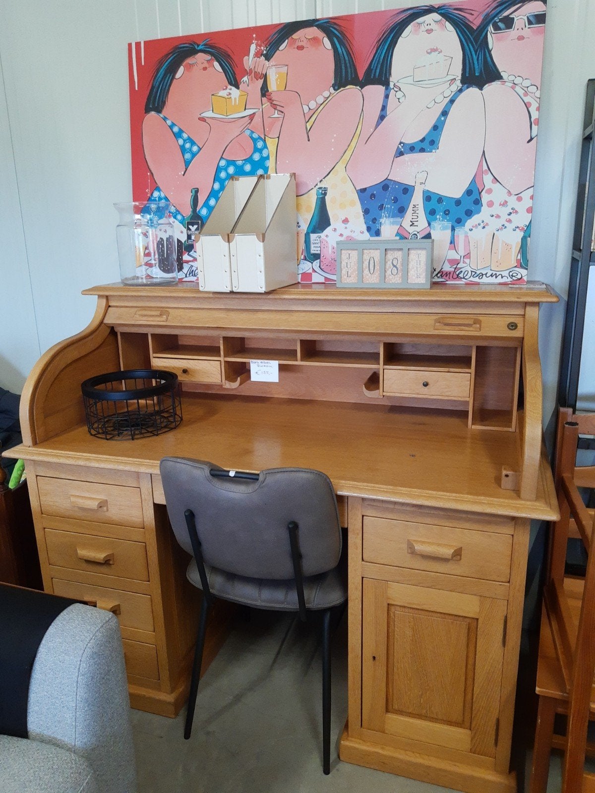 Blank eiken cilinderbureau rolbureau secretaire 140 cm, Ophalen, Gebruikt, ., .