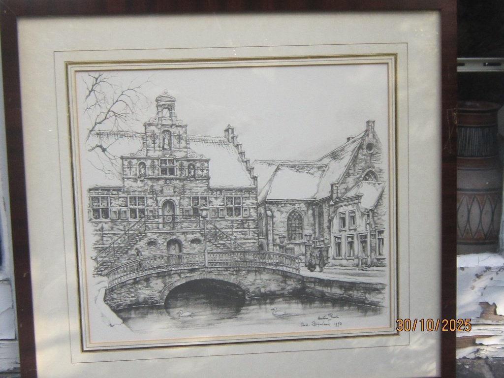 ANTON PIECK, Tek/Litho v/h oude Raadhuis OUD BEIJERLAND, Ophalen, Overige onderwerpen, Lithografie