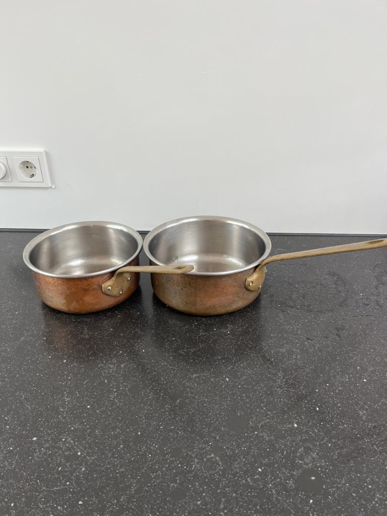 Koperen steelpannen set - 20 cm en 22 cm rvs binnenkant, Ophalen of Verzenden, Gebruikt, Overige materialen