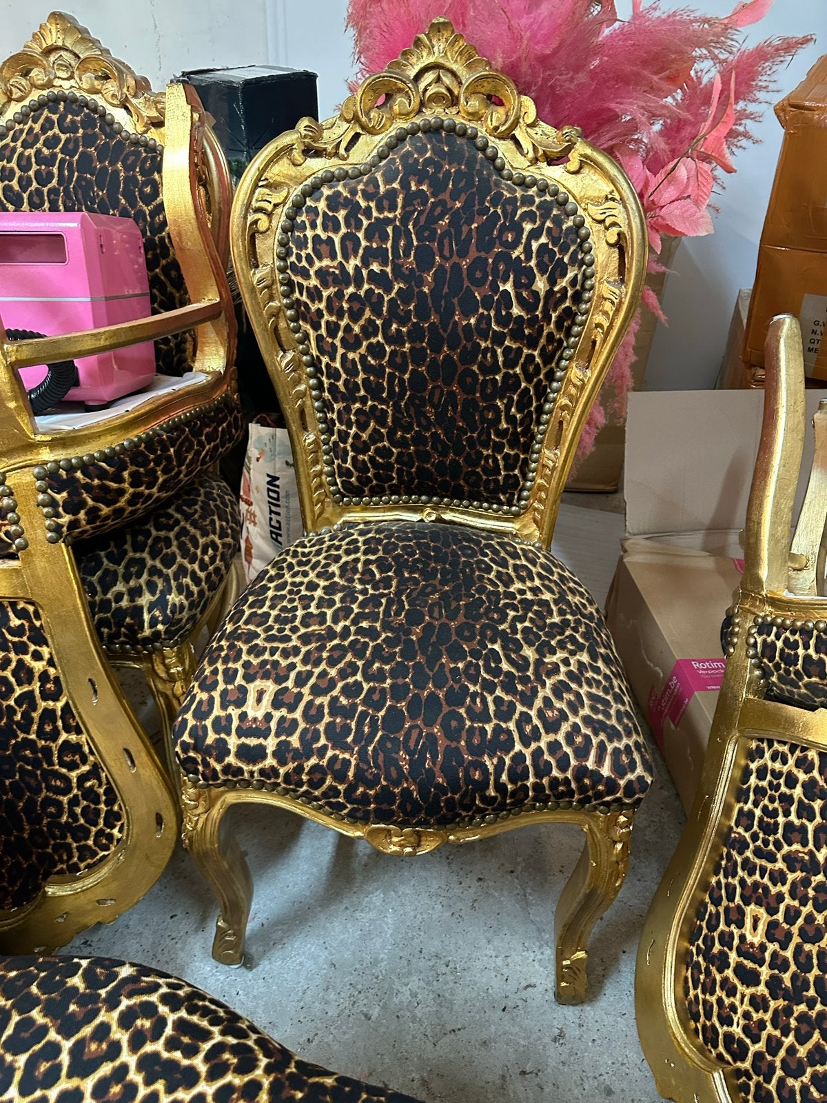 4 Panter Barok Stoelen - Gouden Frame, Luipaardprint Stof, Ophalen, Gebruikt, Bruin, Megabarok
