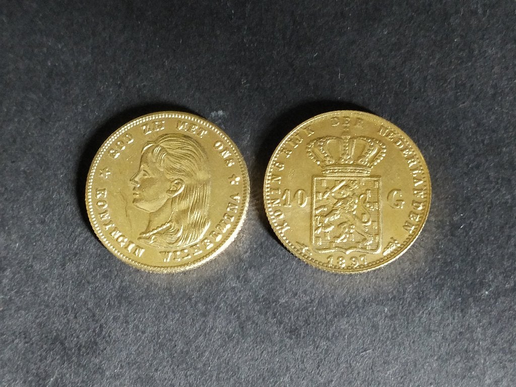 1897 een 10 gld Wilhelmina goudvergulde replica pr. €2,90, Verzenden, Koningin Wilhelmina, 10 gulden