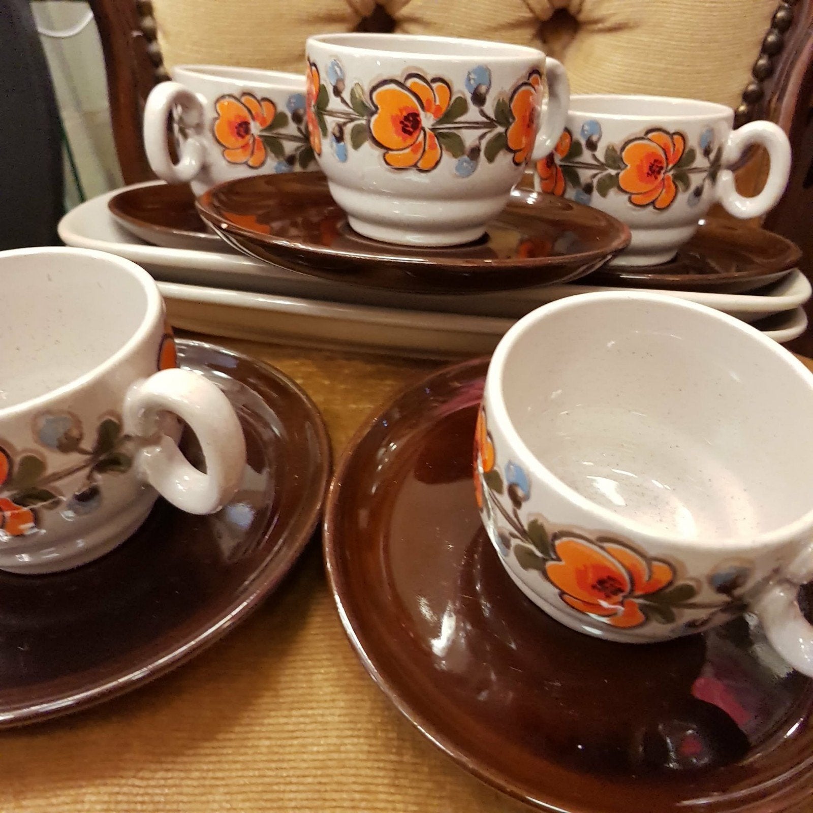 Vintage Servies Set met Oranje Bloemen - Jaren '70 Stijl, Gebruikt, Keramiek, Vintage, Ophalen of Verzenden