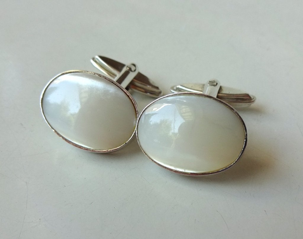 Zilveren manchetknopen: parelmoer cabochon, Ophalen of Verzenden, Nieuw, Zilver