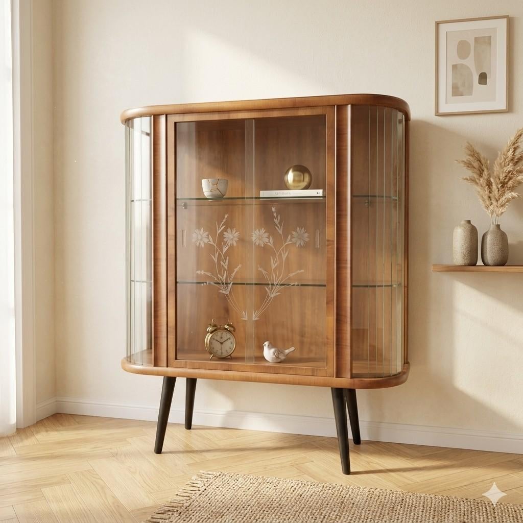Vintage vitrinekast met een prachtig bloemgravure., Ophalen