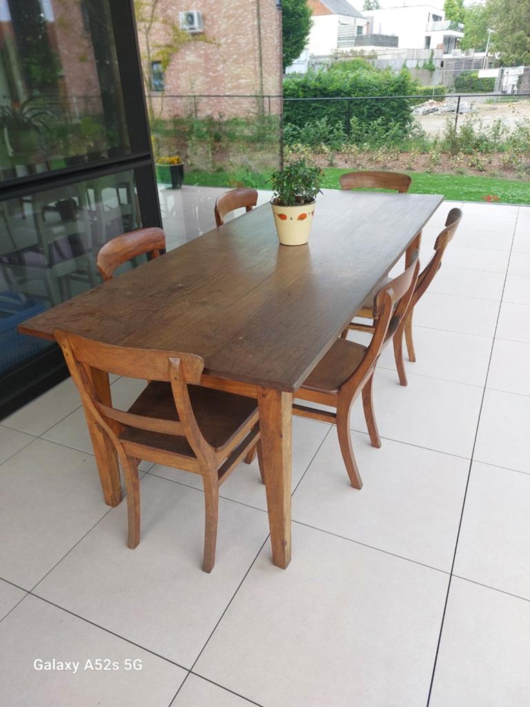Massief teakhouten eettafel met 6 stoelen (90x220 cm), Ophalen, Gebruikt, Teakhout, 200 cm of meer