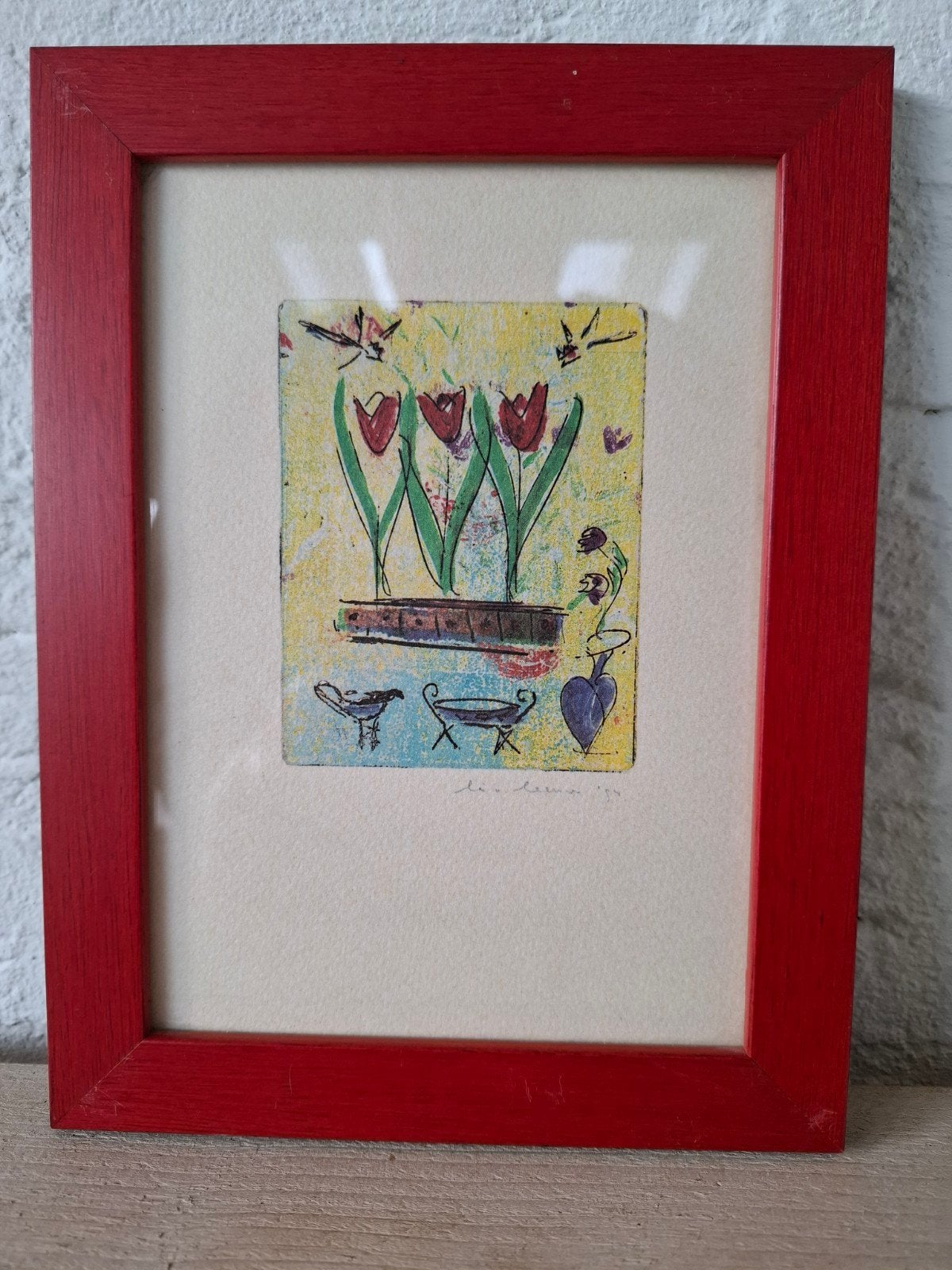 Vintage ingelijste kleurenets van Lia van Leeuwen. 20x15 cm., Huis en Inrichting, Schilderij, Rood, Gesigneerd, Ophalen of Verzenden