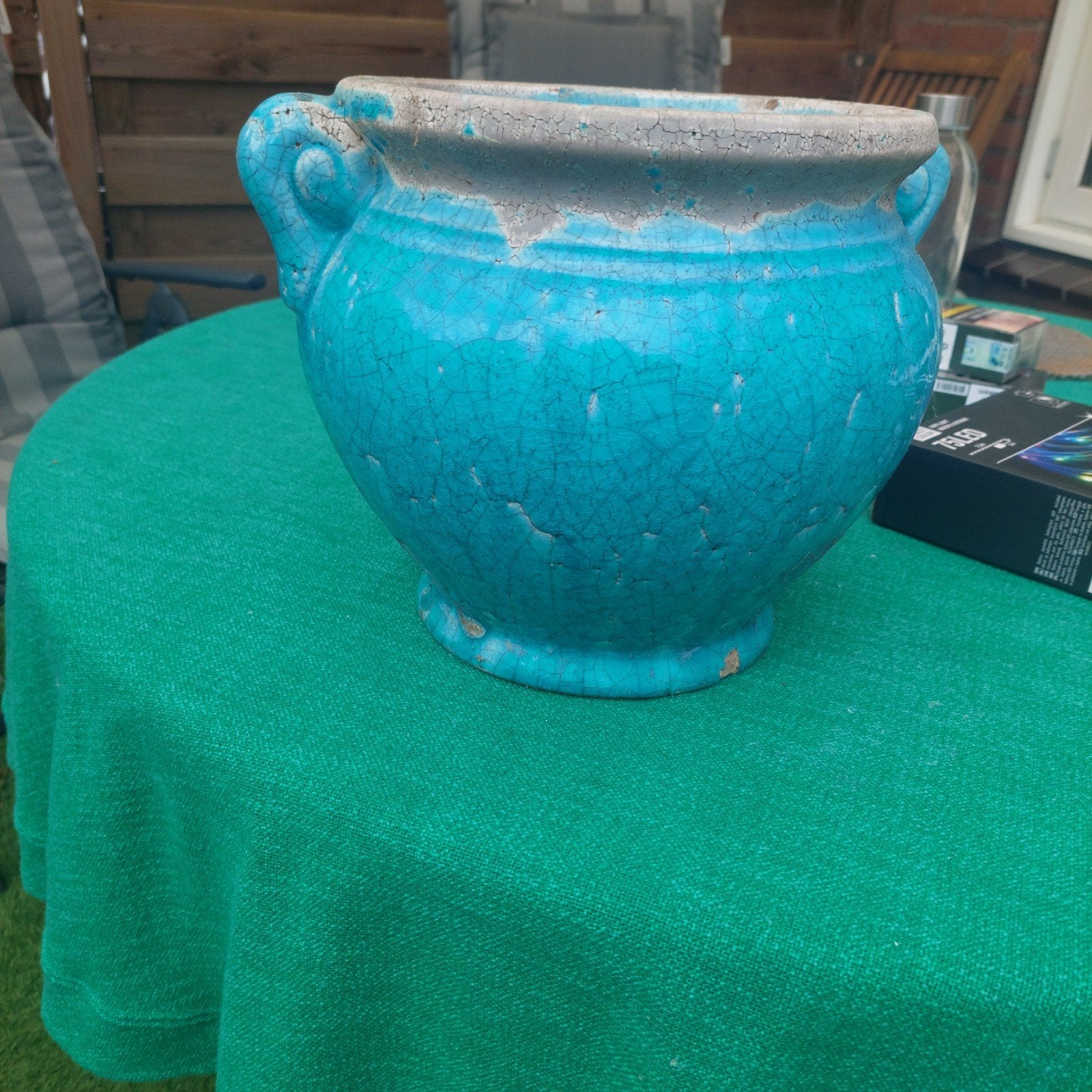 Turquoise bloempot met craquelé effect, Gebruikt, Rond, Minder dan 40 cm, Binnen