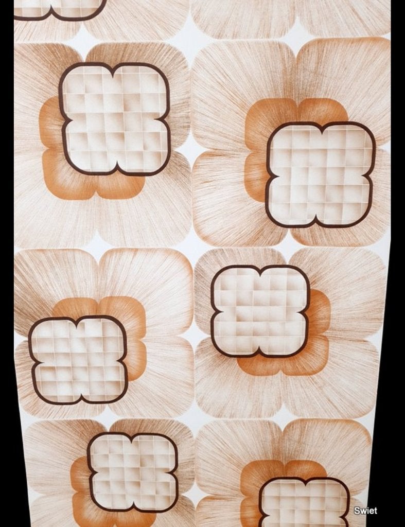 2781 rasterbloemen vintage oranje bruin retro behang swiet, Ophalen of Verzenden, Beige